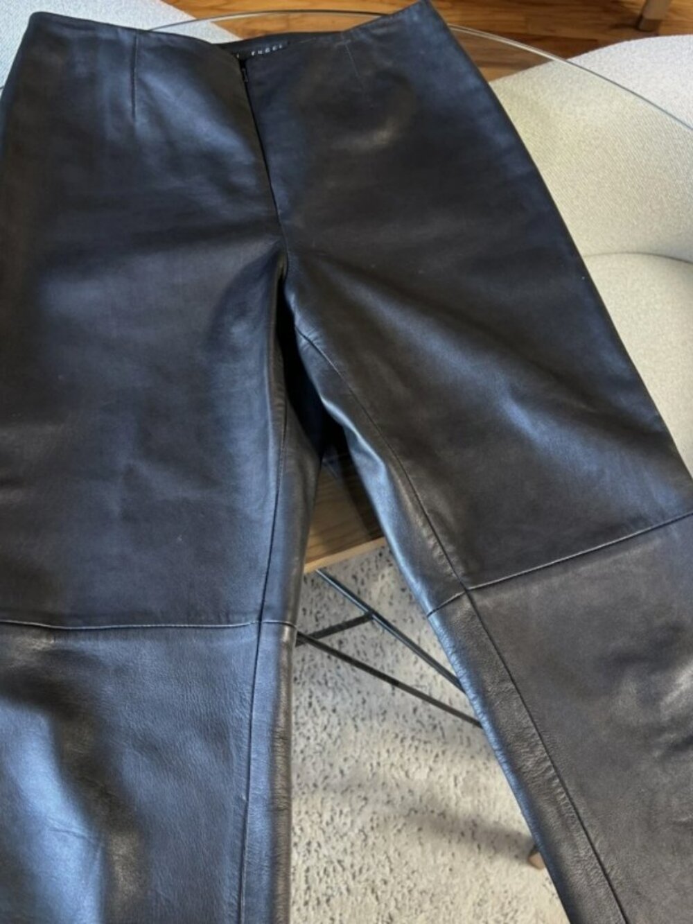 Yansi Fugel Full Grain Leather Pants Sz 6 Black Front Zip Straight Leg Lined